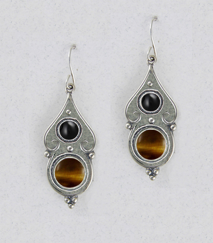 Sterling Silver Gothic Look With Tiger Eye And Black Onyx Gemstone Drop Dangle Earrings